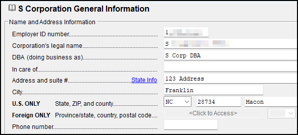 Image of "DBA (doing business as)" field on 1120-S screen 1